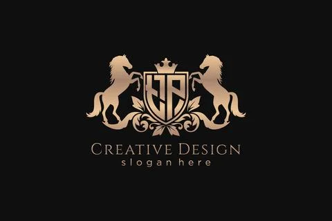 Initial TP Retro golden crest with shield and two horses, badge template wi.. Stock Illustration