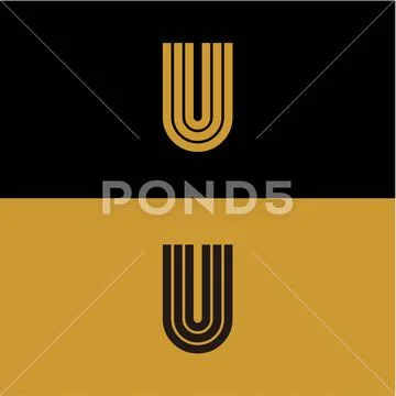Initial U letter monogram linear pattern, gold and black parallel lines creat Illustrazione stock