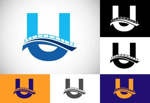 Initial U monogram letter alphabet with bridge sign. Abstract bridge logo d.. Ilustración de archivo