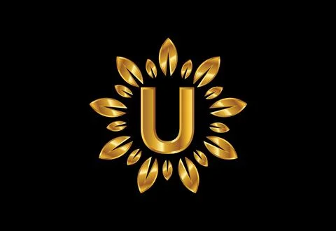 Initial U monogram letter alphabet with golden leaf wreath.Flower logo desi.. Stock Illustration