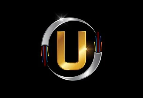 Initial U monogram letter alphabet with electric wire, optical fiber cable... Stock Illustration