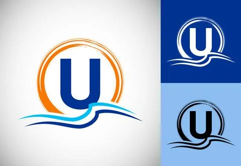 Initial U monogram letter with water ocean waves and the sun. Beach logo de.. Stock Illustration