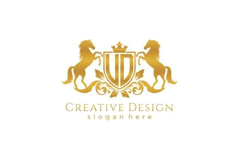 Initial UD Retro golden crest with shield and two horses, badge template wi.. Stock Illustration