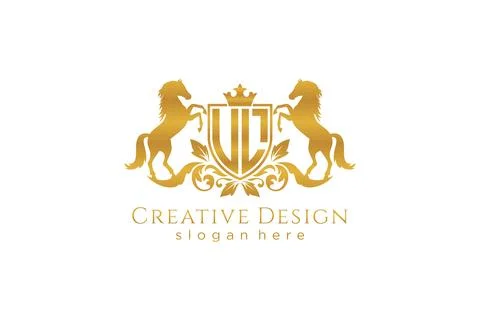 Initial UL Retro golden crest with shield and two horses, badge template wi.. Stock Illustration