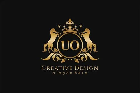 Initial UO Retro golden crest with circle and two horses, badge template wi.. Stock Illustration