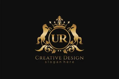 Initial UR Retro golden crest with circle and two horses, badge template wi.. Stock Illustration