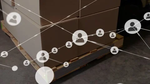 Initial user node appearing, sparking network expanding over pallet boxes, Stock Footage 329946354