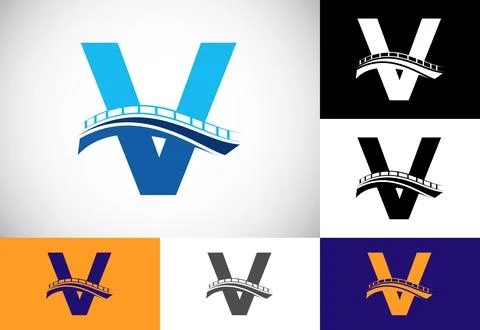 Initial V monogram letter alphabet with bridge sign. Abstract bridge logo d.. Ilustración de archivo