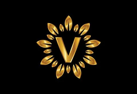 Initial V monogram letter alphabet with golden leaf wreath.Flower logo desi.. Stock Illustration