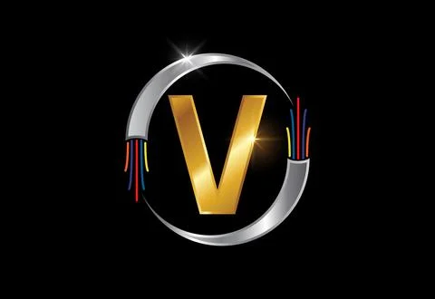 Initial V monogram letter alphabet with electric wire, optical fiber cable... Stock Illustration