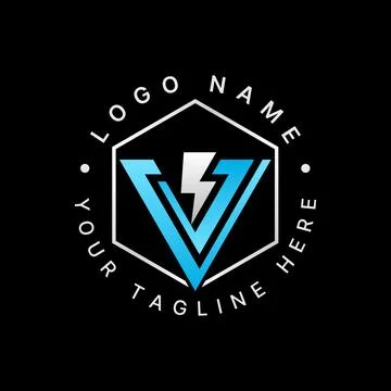 Initial V or sans serif font with electric thunder hexagon line service brand 스톡 일러스트