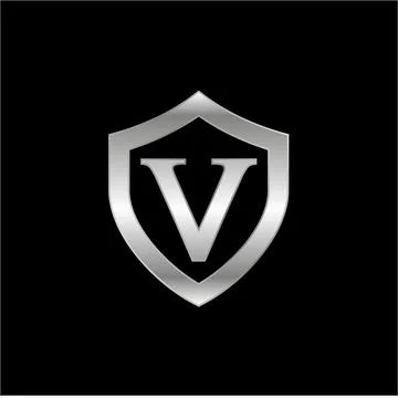 Initial v with shield metal metallic silver logo on a dark background Stock Illustration