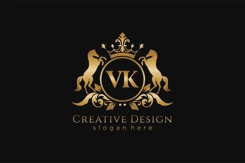 Initial VK Retro golden crest with circle and two horses, badge template wi.. Stock Illustration