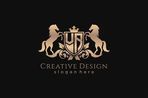 Initial VR Retro golden crest with shield and two horses, badge template wi.. Stock Illustration