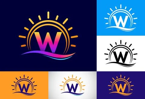 Initial W monogram alphabet with abstract sun and wave. Ocean sun logo desi.. 스톡 일러스트