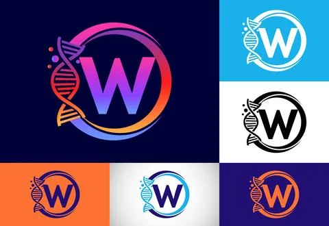 Initial W monogram alphabet in a circle with DNA. Genetics logo design conc.. Stock Illustration