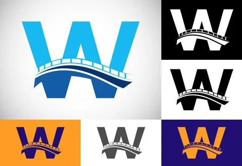 Initial W monogram letter alphabet with bridge sign. Abstract bridge logo d.. Ilustración de archivo