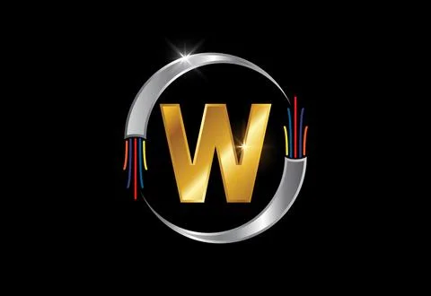 Initial W monogram letter alphabet with electric wire, optical fiber cable... Stock Illustration