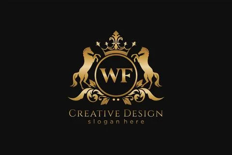 Initial WF Retro golden crest with circle and two horses, badge template wi.. Stock Illustration