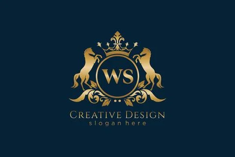 Initial WS Retro golden crest with circle and two horses, badge template wi.. Stock Illustration