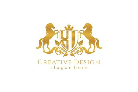 Initial XI Retro golden crest with shield and two horses, badge template wi.. Stock Illustration