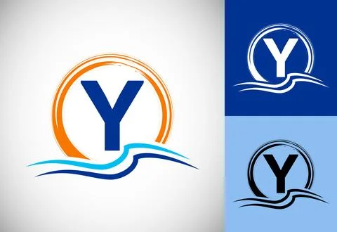 Initial Y monogram letter with water ocean waves and the sun. Beach logo de.. Stock Illustration
