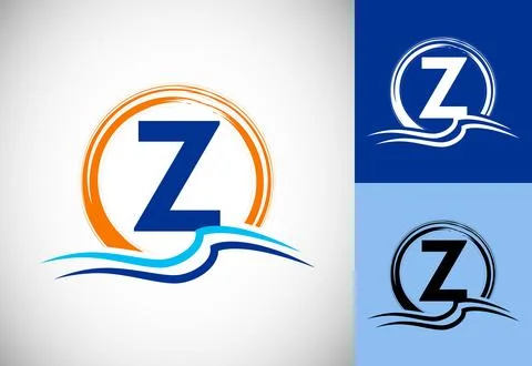 Initial Z monogram letter with water ocean waves and the sun. Beach logo de.. Stock Illustration