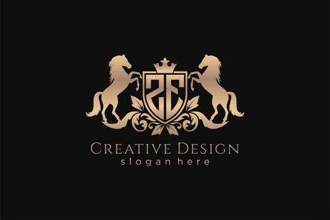 Initial ZE Retro golden crest with shield and two horses, badge template wi.. Stock Illustration
