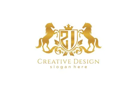 Initial ZI Retro golden crest with shield and two horses, badge template wi.. Stock Illustration
