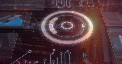 Initializing central HUD rotating and pulsing over dark streaked backdrop with Stock Illustration