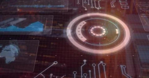 Initializing central HUD rotating and pulsing over dark streaked backdrop with Stock Illustration