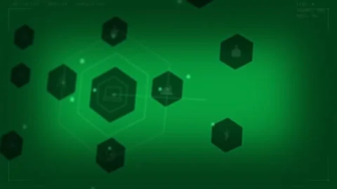 Initializing green hex hub expanding on HUD, showing data flow with laptop icon, Stock Footage 334118685