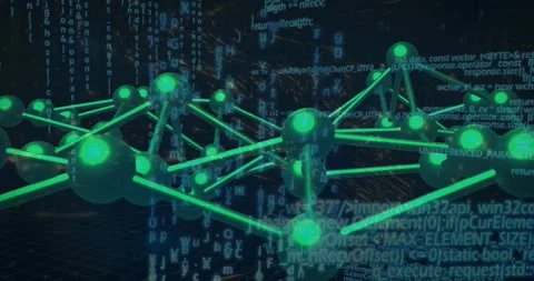 Initializing green network rotating while camera pulling back revealing nodes Stock Footage 318194413