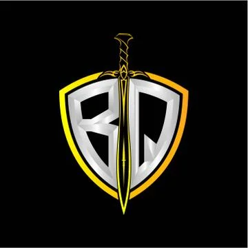 The initials B Q is a shield decorated with knightly swords, the letters are  Stock Illustration