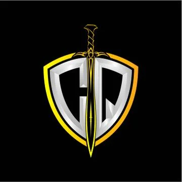The initials C Q is a shield decorated with knightly swords, the letters are  Stock Illustration