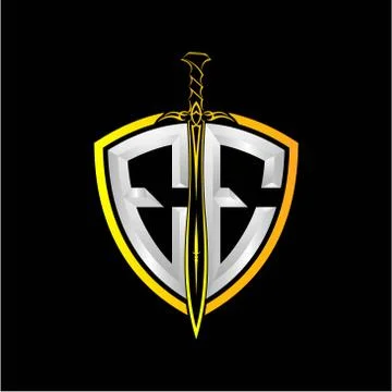 The initials E E is a shield decorated with knightly swords, the letters are  Stock Illustration