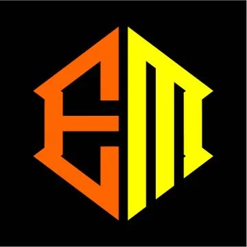 The initials E M hexagon monogram logo in orange and yellow Stock Illustration