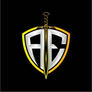 The initials A E is a shield decorated with knightly swords, the letters are  Stock Illustration