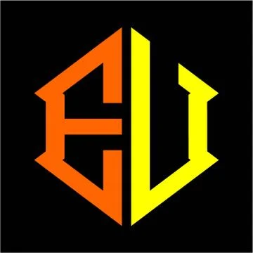 The initials E U hexagon monogram logo in orange and yellow Stock-Illustration