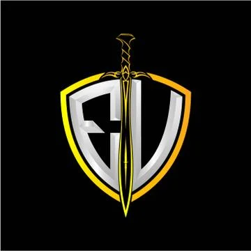 The initials E V is a shield decorated with knightly swords, the letters are  Stock Illustration