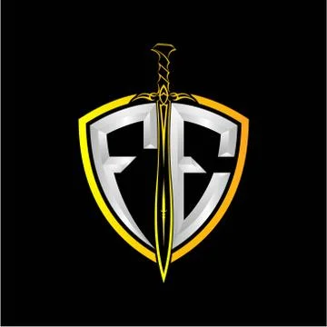 The initials F E is a shield decorated with knightly swords, the letters are  Stock Illustration