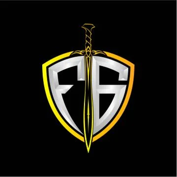 The initials F G is a shield decorated with knightly swords, the letters are  Stock Illustration