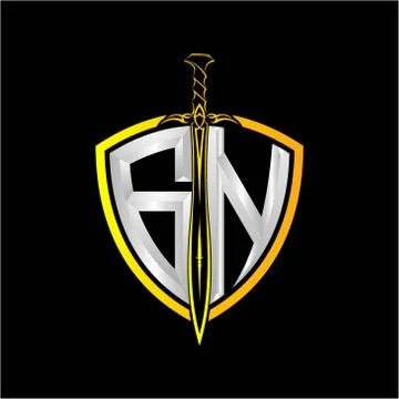 The initials G N is a shield decorated with knightly swords, the letters are  Stock Illustration