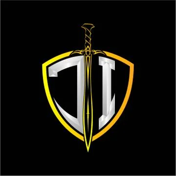 The initials J I is a shield decorated with knightly swords, the letters are  Stock Illustration