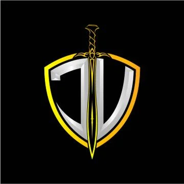 The initials J V is a shield decorated with knightly swords, the letters are  Stock Illustration