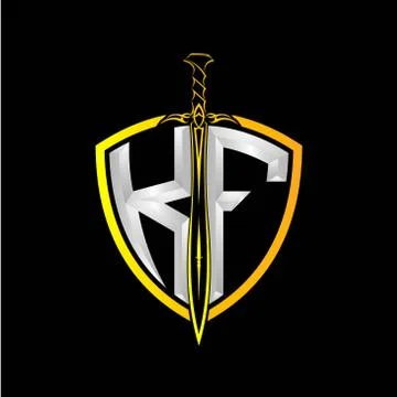 The initials K F is a shield decorated with knightly swords, the letters are  Stock Illustration
