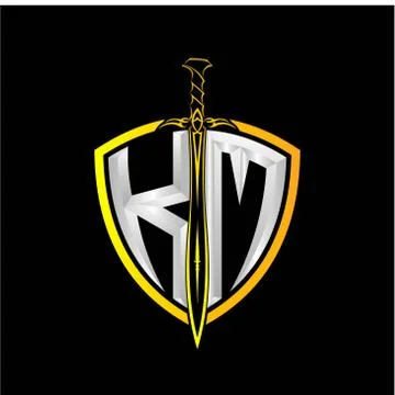 The initials K M is a shield decorated with knightly swords, the letters are  Stock Illustration