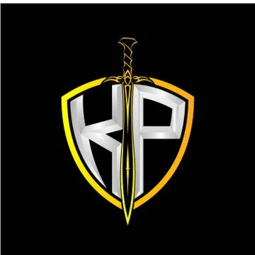 The initials K P is a shield decorated with knightly swords, the letters are  Stock Illustration