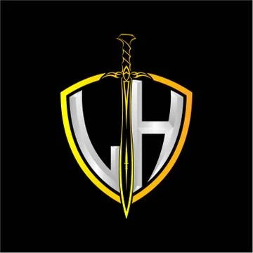 The initials L H is a shield decorated with knightly swords, the letters are  Stock Illustration