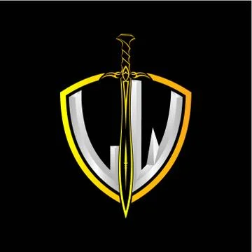 The initials L W is a shield decorated with knightly swords, the letters are  Stock Illustration